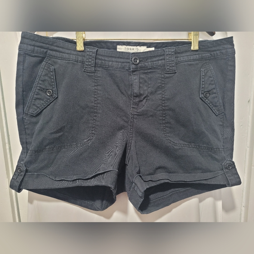 Torrid black denim shorts with button pockets and folded hem